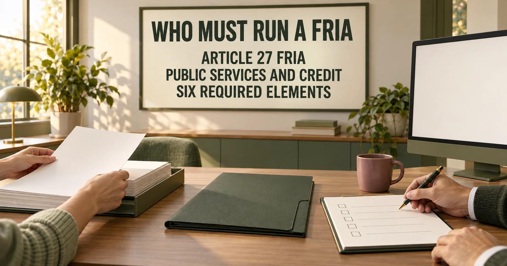 A credit union desk holds a blank application, review sheet and olive folder under WHO MUST RUN A FRIA, with ARTICLE 27 FRIA, PUBLIC SERVICES AND CREDIT, and SIX REQUIRED ELEMENTS on a wall board.