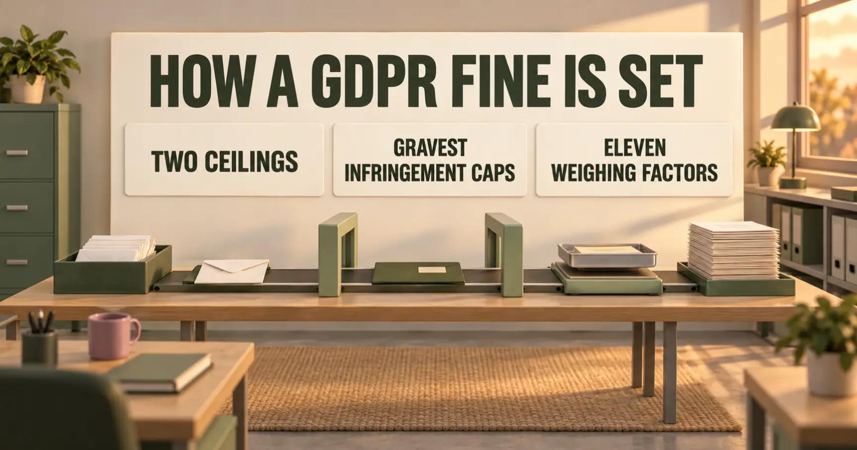 A late-lit accountancy-office diorama follows a deep-olive folder through gates and weighing trays beneath HOW A GDPR FINE IS SET, with signs for TWO CEILINGS, GRAVEST INFRINGEMENT CAPS and ELEVEN WEIGHING FACTORS.
