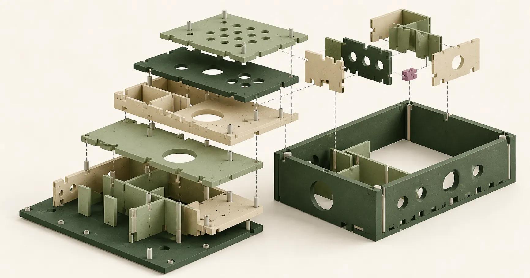 An exploded stack of blank template modules forms a reusable compliance toolkit.