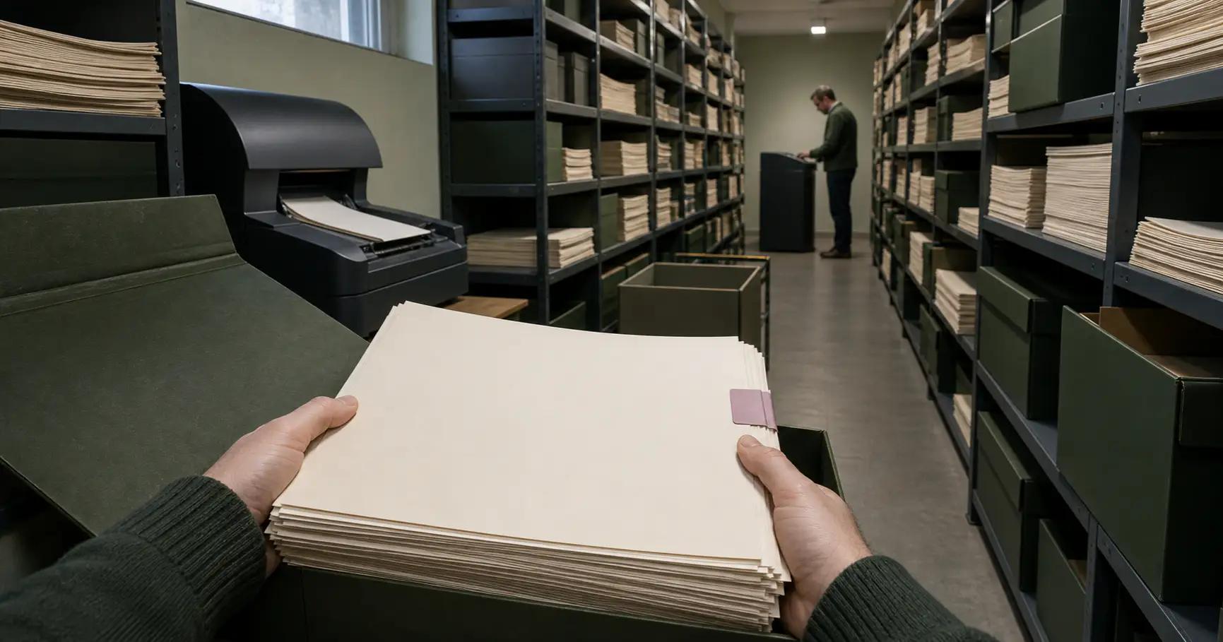 Hands hold an unresolved blank record bundle above an olive folder while a deep archive aisle leads toward storage and secure destruction.
