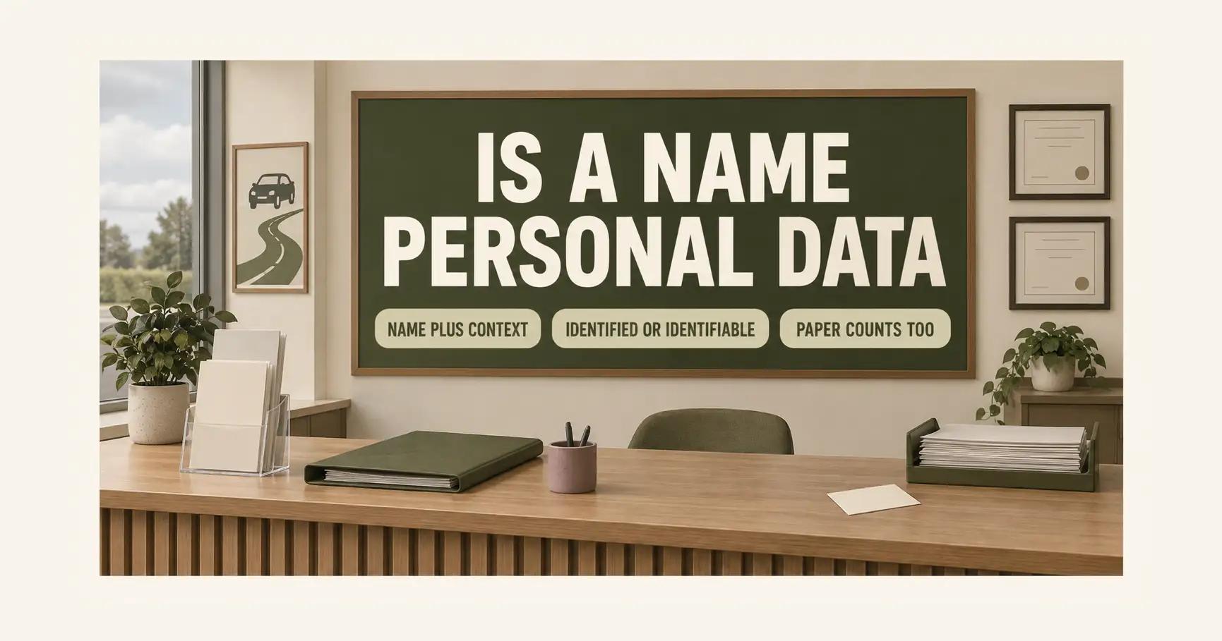 Blank certificates and a paper attendance sheet converge on a name card beneath the words IS A NAME PERSONAL DATA and three context tests.
