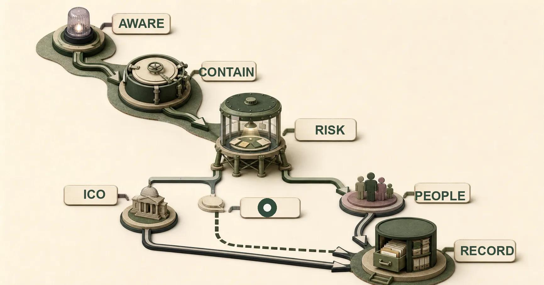 A decision-tree infomap moves from awareness and containment through risk to separate ICO and people branches, with every outcome entering a record.