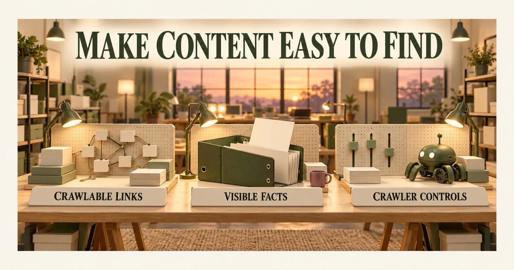 Three workstations in a lighting catalogue room sit below MAKE CONTENT EASY TO FIND and signs for crawlable links, visible facts and crawler controls.