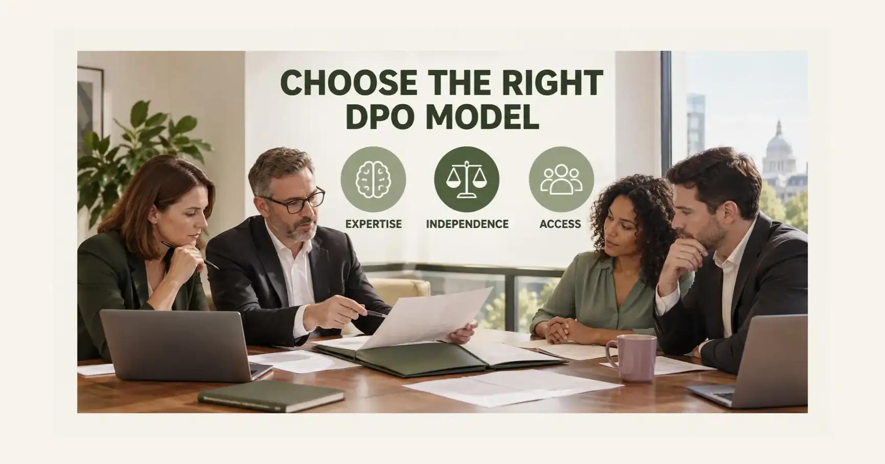 Four colleagues compare papers around an olive folder beneath CHOOSE THE RIGHT DPO MODEL and the labels EXPERTISE, INDEPENDENCE and ACCESS.