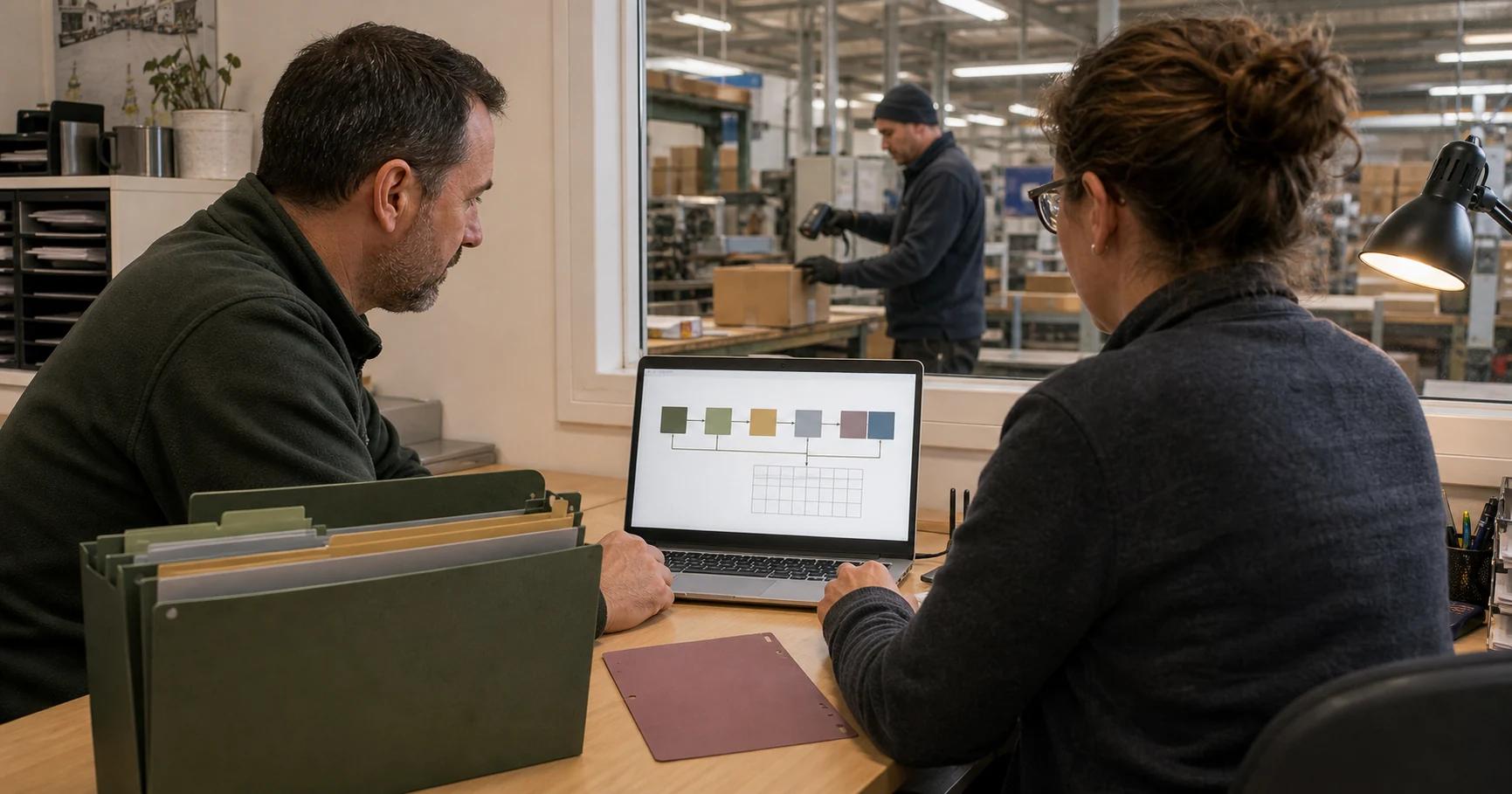 Two colleagues map six connected process blocks into a living grid while a workshop scanner grounds the record in real work.