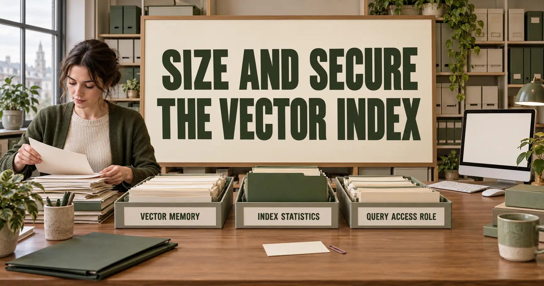 Hands sort records beside a blank search screen and olive folder; a board reads SIZE AND SECURE THE VECTOR INDEX with three capacity and access labels.