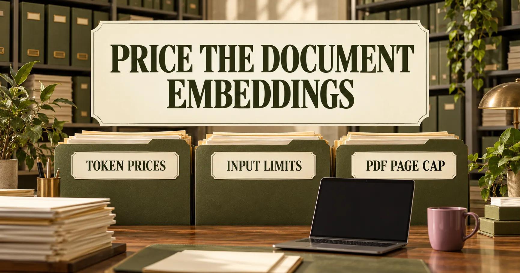 On a law-firm desk, a folder, laptop and paper files sit under PRICE THE DOCUMENT EMBEDDINGS, with TOKEN PRICES, INPUT LIMITS and PDF PAGE CAP below.