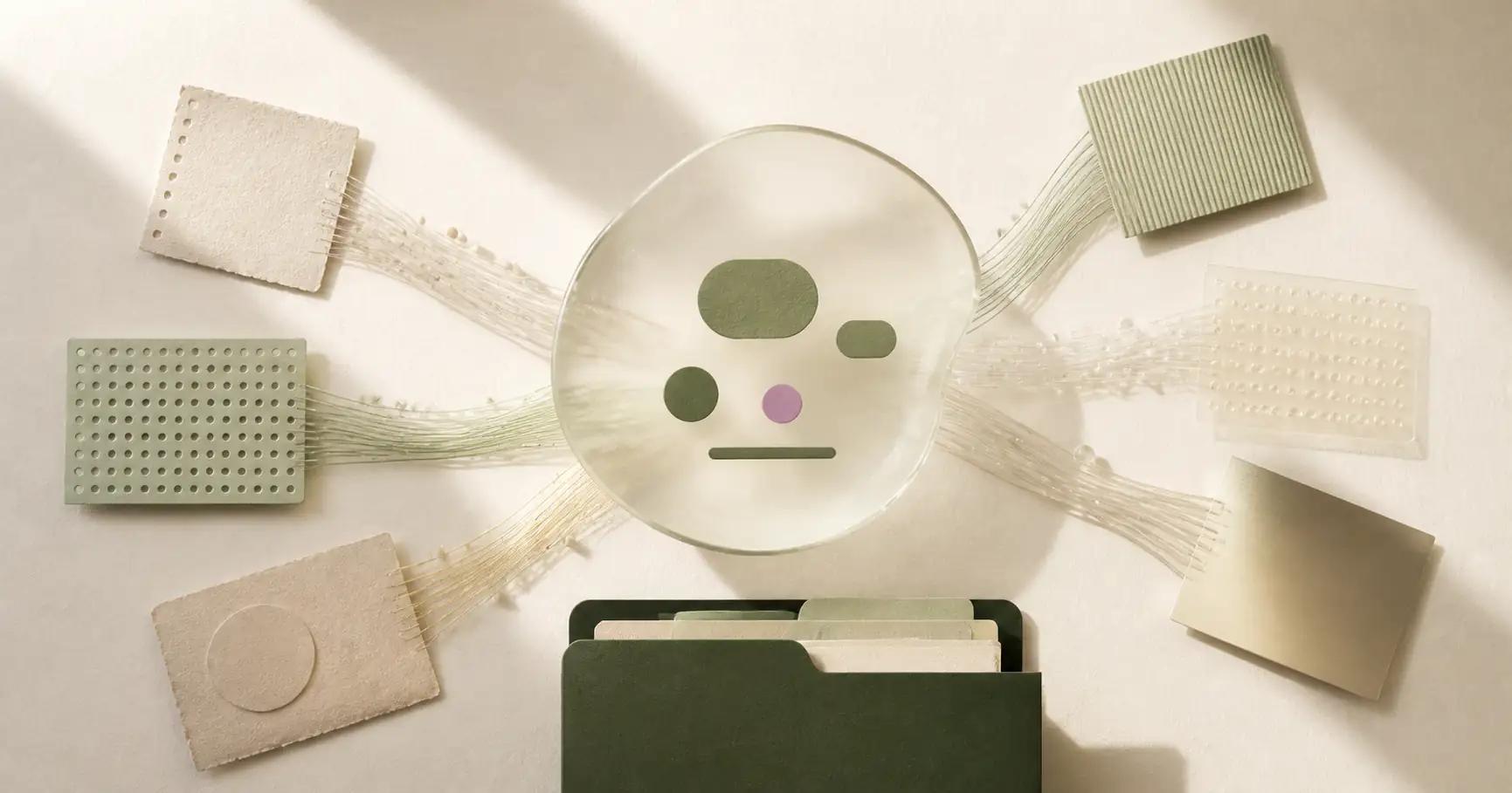 Minimal radial composition with a central translucent answer vessel fed by several source cards, one small brand marker visible in the synthesis, and a half-open olive folder at the lower edge.