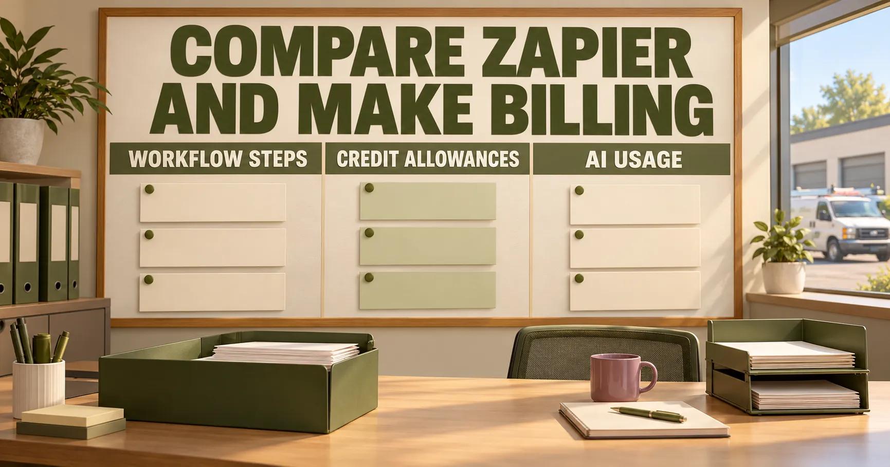 A dispatch board headed COMPARE ZAPIER AND MAKE BILLING separates WORKFLOW STEPS, CREDIT ALLOWANCES and AI USAGE above blank workflow cards and an olive folder.